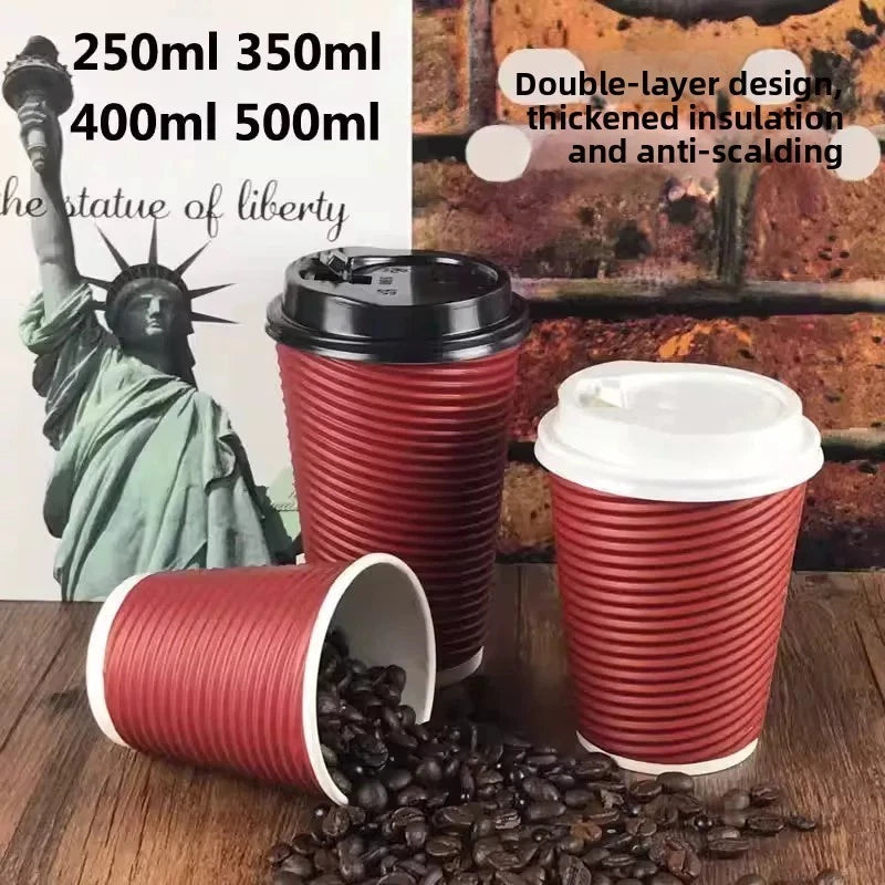 Thickened Ripple Wall Coffee Paper Cups - 90mm Universal Rim (12oz, 14oz, 16oz) 500pcs