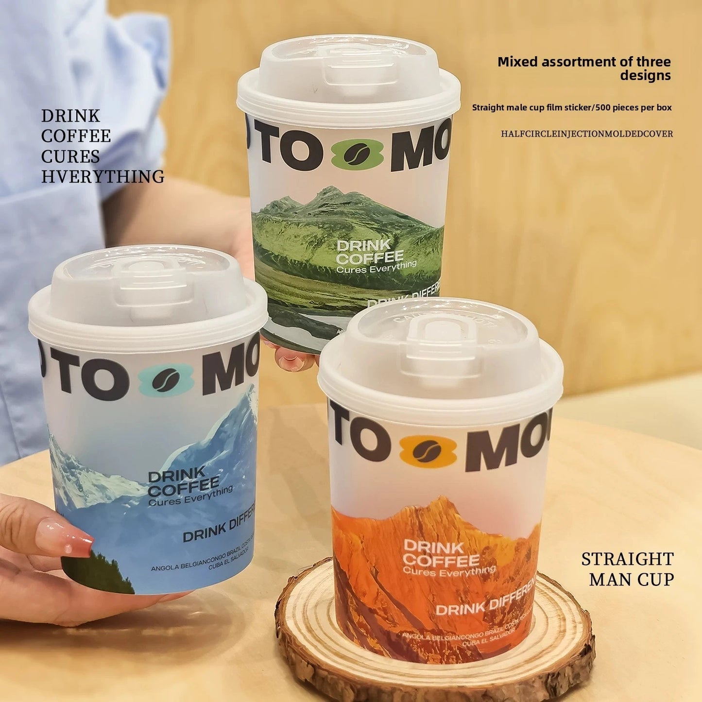 Premium PP In-Mold Labeled Coffee Cups - 90mm Universal Rim, Mountain Landscape 300pcs